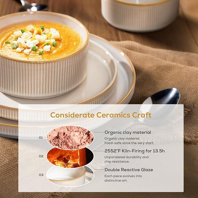 Romswi Dinnerware Set for 4, 16Pcs Stoneware Plates and Bowls Sets with Mugs, Chip & Scratch Resistant Dish Set, Handmade Reactive Glaze Plate Set, Oven,Microwave and Dishwasher Safe, Cappuccino White