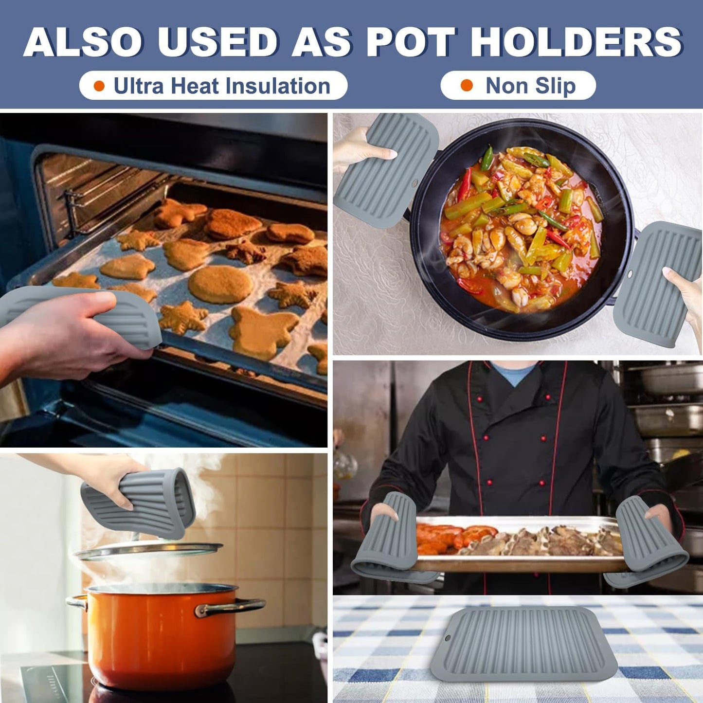 Walfos Silicone Trivets for Hot Pots and Pans - Heat Resistant Hot Pads for Kitchen Counter- 4 Pcs Multi-Purpose & Versatile Trivet Mat - Long-Lasting & Flexible Silicone Hot Pad（Gray）