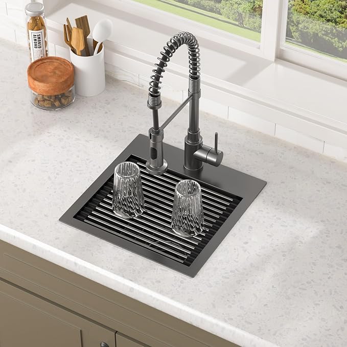 Lordear Bar Sink 15 Inch Black Drop In Kitchen Sinks Stainless Steel Bar Sink 16 Gauge Single Bowl Topmount Small Prep RV Sinks Square Basin