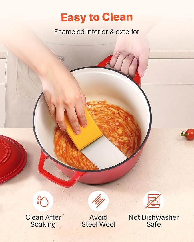 VEVOR Enameled Cast Iron Dutch Oven, 6 Quart Pot with Lid and Dual Handles, Heavy-Duty Durable Cookware Pan, Oven Induction Compatible up to 500℉, for Braising, Stews, Roasting, Bread Baking, Red