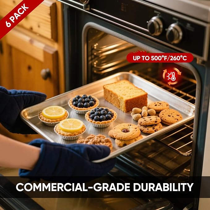 TENUP 6 Pack Aluminum Half Sheet Pan, 18" x 13" Heavy Duty Commercial Baking Tray Reinforced Rim, Warp-Resistant Rust-Free