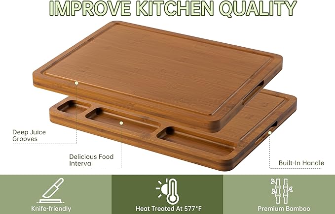 Cutting Board for Kitchen,Thickened Bamboo Cutting Board with Juice Groove, Large Butcher Block with Handle,Wooden Charcuterie Chopping Board for Prep & Serving Tray, 16.93" x 12.99" x0.98"