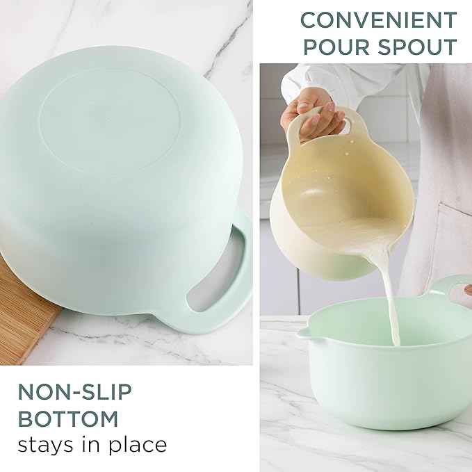 COOK WITH COLOR Nesting Plastic Mixing Bowl Set with Pour Spouts and Handles, Ombre Mint, 4 Piece Non-Slip