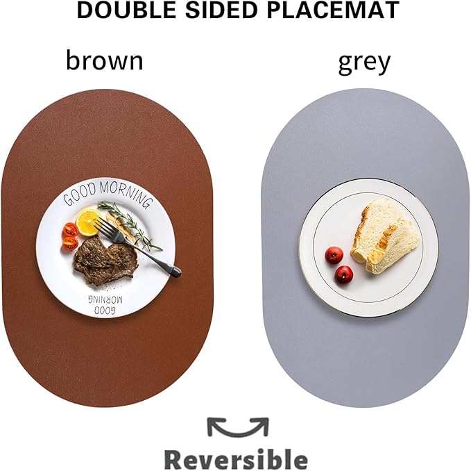 Waterproof Placemats Set of 6 Oval,Reversible Faux Leather Placemat Heat Resistant,Anti Slip Washable Table Placemats for Dining Table,Modern Table Protectors(Brown and Grey)