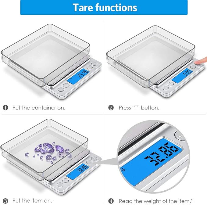 (New) AMIR Digital Kitchen Scale, 500g/ 0.01g Mini Pocket Jewelry Scale, 100g Calibration Weight, Cooking Food Scale, Back-Lit LCD Display, 2 Trays, 6 Units, Auto Off, Tare, PCS, Stainless Steel