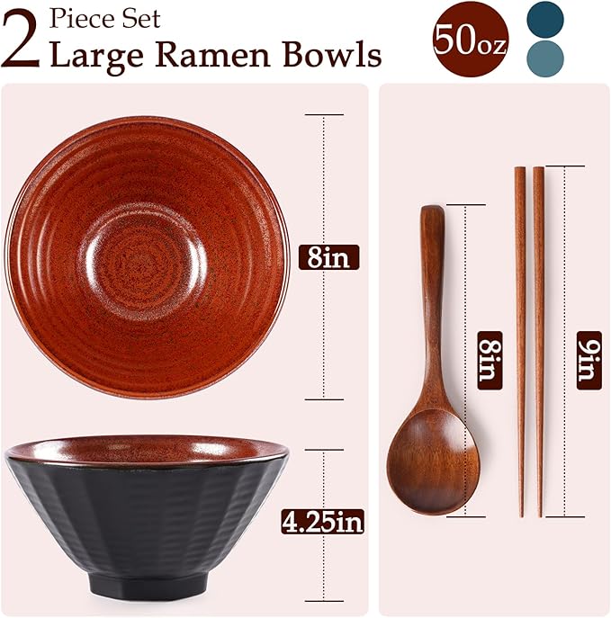 NUTRIUPS Ceramic Ramen Bowl Set of 2 Noodles Bowl with Chopsticks and Spoons, 50oz Large Ramen Bowl- Rusty Red Brown