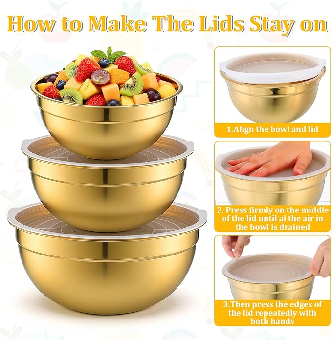 SHENLIU 7 Pcs Gold Mixing Bowls with Airtight Lids, Stainless Steel Mixing Bowls Metal Nesting Organizers for Baking, Prepping and Serving Food, Non-slip Bottom Size 7, 3.6, 2.7, 2.1, 1.5, 1.1, 0.8Qt