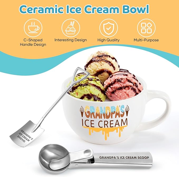 Father' Day & Christmas Gift – Ice Cream Bowl & Scoop Set from Granddaughter & Grandson, Xmas Gift for Grandpa
