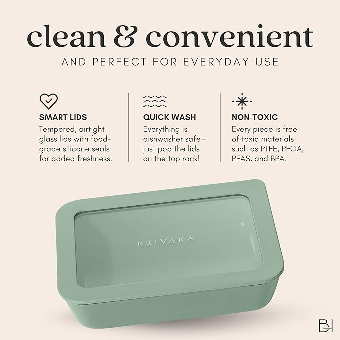 Ceramic Coated Glass Food Storage Container | No PTFE, PFOA, PFAS, and BPA | Reusable Non Toxic Meal Prep Container with Glass Lid | Easy To Store | 8 Cup Square [Willow]