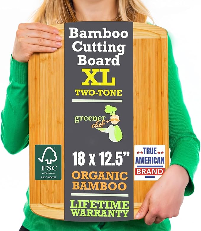 Organic 18 Inch Extra Large Bamboo Cutting Board with Lifetime Replacements - Non Toxic Wood Chopping Board with Juice Groove for Kitchen, Meat, Vegetables, and Food Prep Prep by Greener Chef