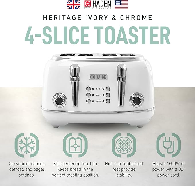 HADEN Heritage 4-Slice Toaster with Extra Wide Slots, 1500-Watt, Ivory & Chrome - Retro Stainless Steel Design with Self-Centering Function, Adjustable Browning Control & Removable Crumb Tray
