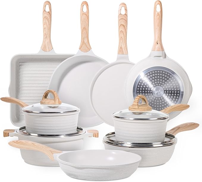 JEETEE 23pcs Pots and Pans Set Non Stick, White Cookware Sets for Kitchen, w/Frying Pans, Saucepans, Sauté & Griddle & Crepe Pan, Induction Cooking Pots (PFOA/PFAS/PFOS Free)