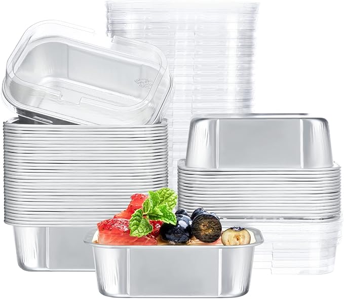 EUSOAR Creme Brulee Cups, 5.7oz 50pcs Silver Disposable Aluminum Baking Cups Pans Ramekins with Lids for Pie Creme Brulee Pudding Dessert, Foil Cupcake Liners for Catering Gathering Shower