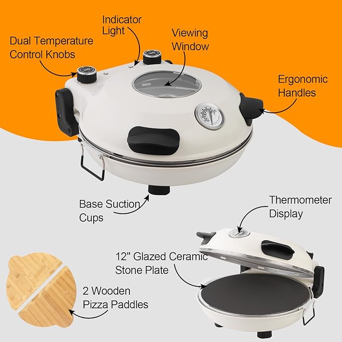 Pizza Oven Indoor, 12 Inch Retro Pizza Maker, Rapid Heating 800˚F, 1200W Glazed Ceramic Stone Electric Pizza Cooker, Two-button Precise Temperature Control, Viewing Window for Precise Cooking
