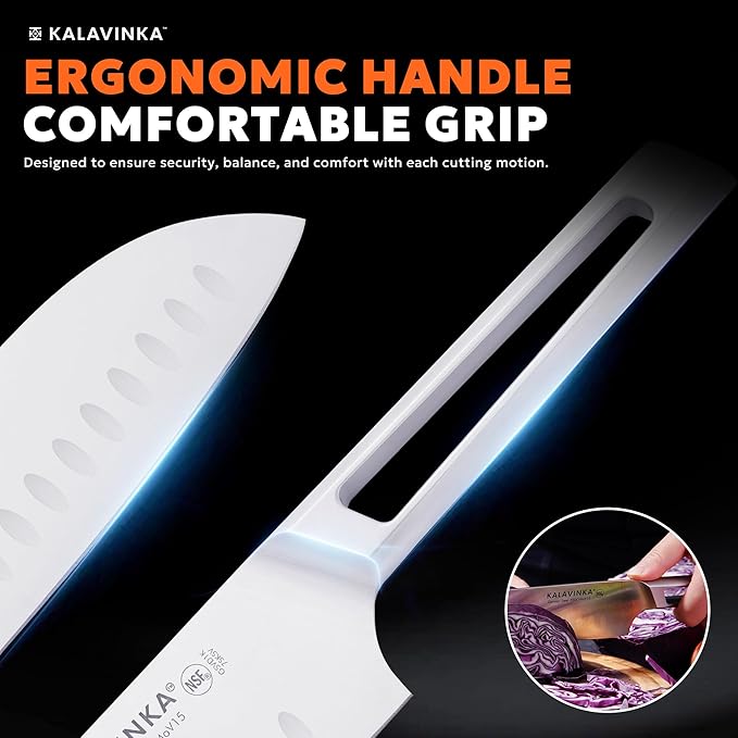 7" Professional Santoku Knife, Ultra Sharp German Steel Blade, Balanced Grip, Ideal for Chopping and Mincing, Gifted Sheath, Great for Cookouts (VENDANA)