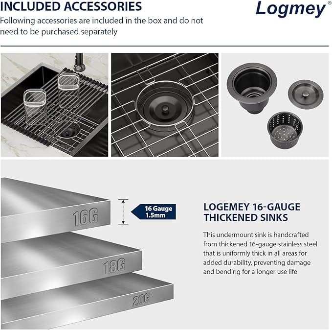 Logmey 33x19 Gunmetal Black Undermount Double Sink - 60/40 Double Bowl Stainless Steel Sink