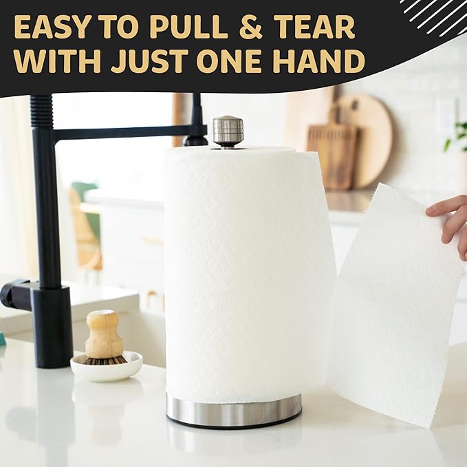 Stainless Steel Paper Towel Holder Designed for Easy One-Handed Operation - This Sturdy Weighted Paper Towel Dispenser Countertop Model Has Suction Cups and Holds All Paper Towel Rolls
