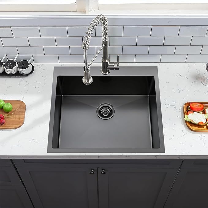 25x22 Inch Black Drop In Kitchen Sink, 25 Inch Gunmetal Black RV Laundry Utility Sinks, Top Mount 16 Gauge Stainless Steel Single Bowl Deep Small Kitchen Sink