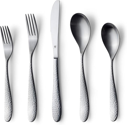 Matte Silverware Set, 18/10 Stainless Steel Satin Flatware, Modern Brushed Finish Cutlery, Dishwasher Safe & Durable, Built to Last (60-Piece, Marettimo Hammered)