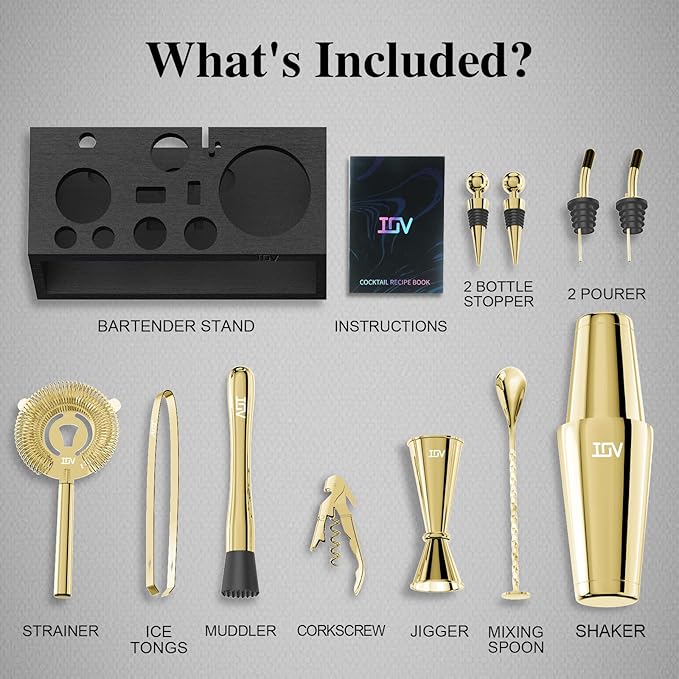 IOV Cocktail Shaker Set: 12-Piece Mixology Bartender Kit Bar Set | 18oz & 28oz Boston Shaker Drink Mixing Tools for Home with Recipe Booklet and Stand | Fun Housewarming Gift (Gold)