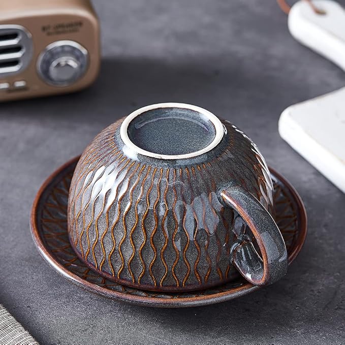 Vintage Design 12 oz Ceramic Latte Art Cappuccino Barista Cup with Saucer (Embossed Grey)