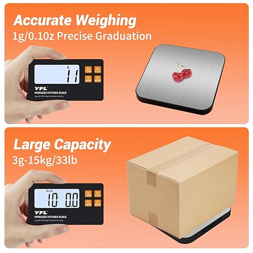 YFL Wireless Kitchen Scale with Detachable Remote Display, 33lb High Precision Digital Scale 1g/0.1oz, Tare Function 7 Units Food Scale for Cooking, Baking, Meal Prep & Dieting