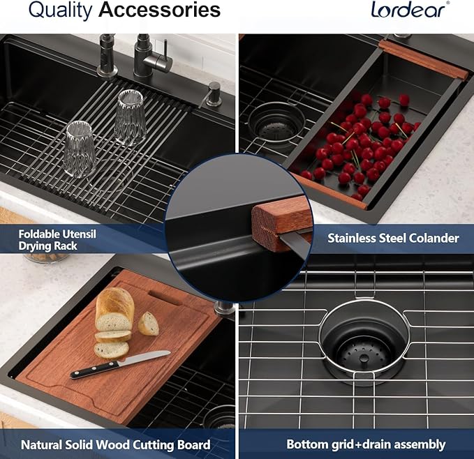 Lordear 33 Drop In Kitchen Sink Matte Black - 33X22 Inch Drop In Sinks Ledge Workstation Black 16 Gauge Stainless Steel Single Bowl Topmount Kitchen Sink Basin with Built- in Accessories