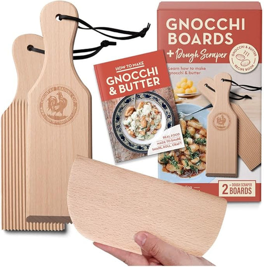 Gnocchi Board and Butter Paddles Kit with Recipe Book | Pasta Maker Gift for Cooks | Be an Expert Butter Churner and Gnocchi Maker with this Wooden Pasta Tools Set