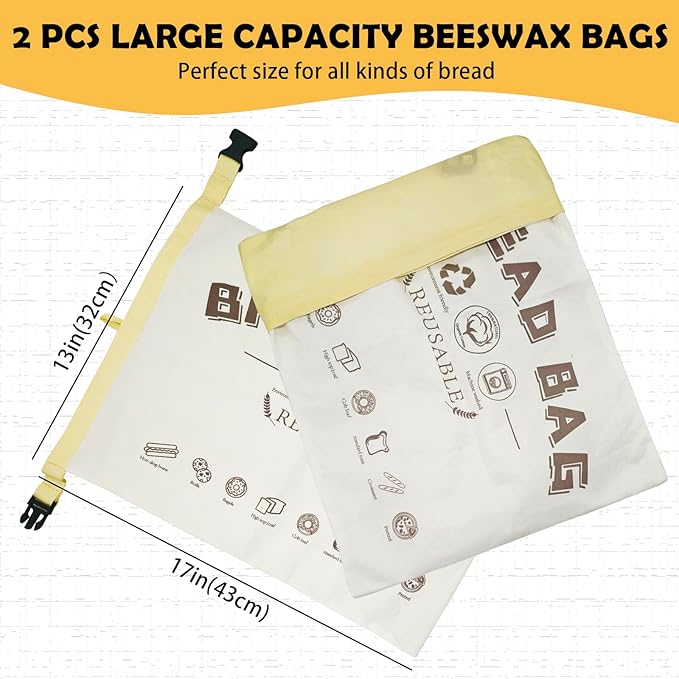 2 Pack Beeswax Bread Bags for Homemade Sourdough,Cotton Beeswax Bags for Bread Storage,Reusable Food Storage Bag For Keeping Fresh(White,13x17in)
