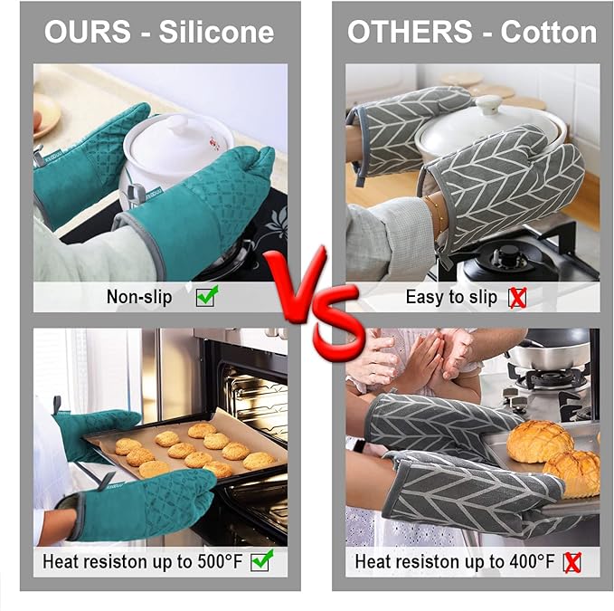 KEGOUU Oven Mitts and Pot Holders 6pcs Set, Kitchen Oven Glove High Heat Resistant 500 Degree Extra Long Oven Mitts and Potholder with Non-Slip Silicone Surface for Cooking (Lake Blue)