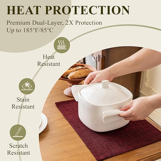 KXN Christmas Placemats Set of 6, Dual-Layer Thickened Faux Linen Table Mats, Heat Resistant & Wrinkle-Free, Machine Washable Cloth Place Mats for Kitchen Dining Indoor Outdoor (Red)