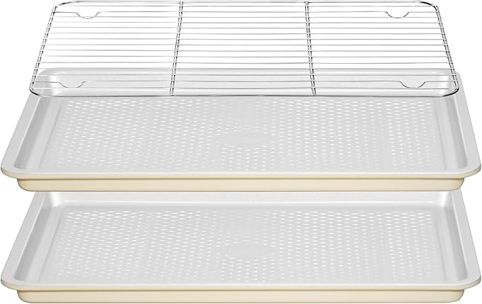 Nonstick Ceramic Baking Sheet With Rack, 2-Pack Half Sheet Pan, Non-Toxic, PTFE & PFOA Free, Warp-Free, Oven Safe 550°F, Dishwasher Safe, Aluminized Steel, Gray Yellow