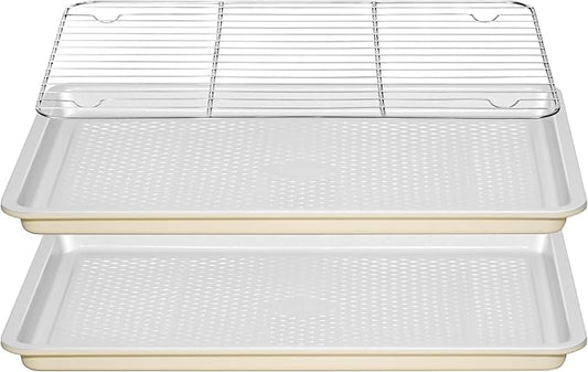 Nonstick Ceramic Baking Sheet With Rack, 2-Pack Half Sheet Pan, Non-Toxic, PTFE & PFOA Free, Warp-Free, Oven Safe 550°F, Dishwasher Safe, Aluminized Steel, Gray Yellow
