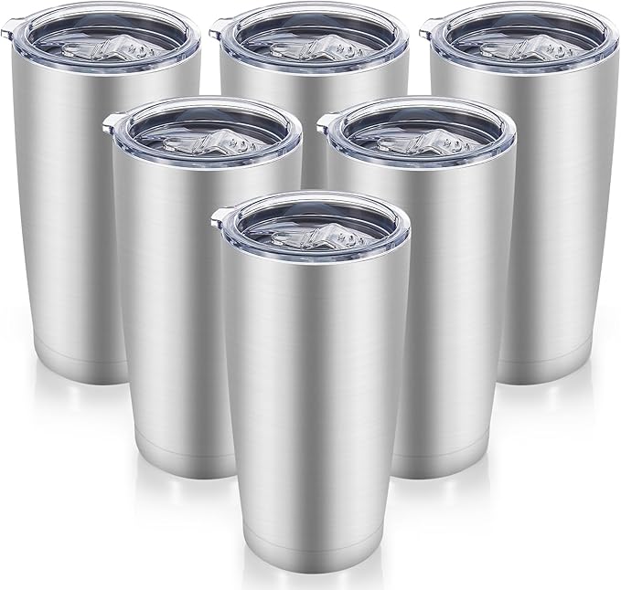 20 oz Tumblers Bulk Stainless Steel Tumbler with Lid Double Wall Vacuum Insulated Coffee Mug 20oz Powder Coated Cup for Hot and Cold Drinks, Stainless, 6 pack