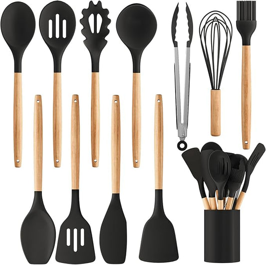 Silicone Cooking Utensil Set,12 PCS Cooking Cookware Kitchen Utensils Set for Cooking, Nonstick 446°F Heat-Resistant Cookware Kitchen Tools of Spoon,Brush,Whisk,Spatula,Turner Tongs (Black)