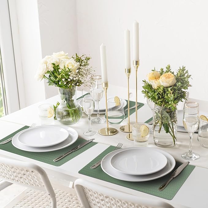 Vinyl Placemats Set of 6-12×17.7 Inch Waterproof & Heattable Placemats, Fall Faux Leather Wipeable Outdoor Table Mat for Dining, Kitchen, Indoor Outdoor Use (Sage Green, Cable Pattern)