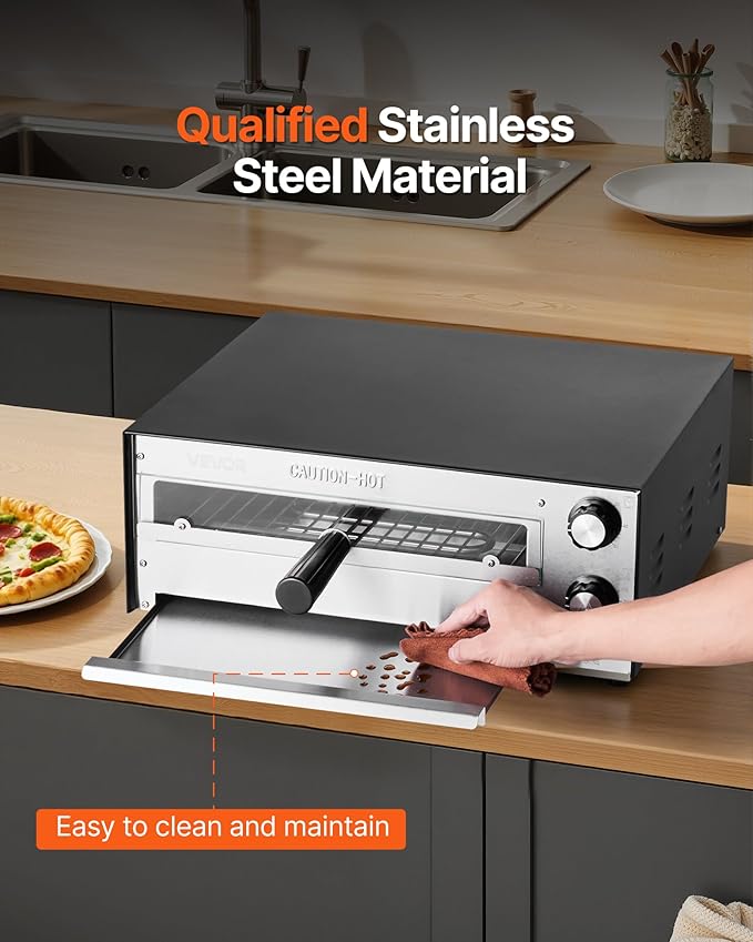 VEVOR Electric Pizza Oven, 12-inch Countertops Pizza Ovens, 572°F Max Temp, 1450W Indoor Pizzas Maker w/Timing & Temp Control, Pizza Cooker w/Dual Heat Tube, Crumb Tray, for Diner and Home Kitchen