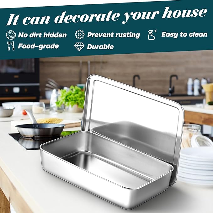 Tioncy 3 Sets Stainless Steel Cake Pan with Lid 17/13/11 Inch Rectangle Sheet Baking Pan with Covers Bakeware with Lids for Cakes Breads Casseroles Fish Vegetables and More