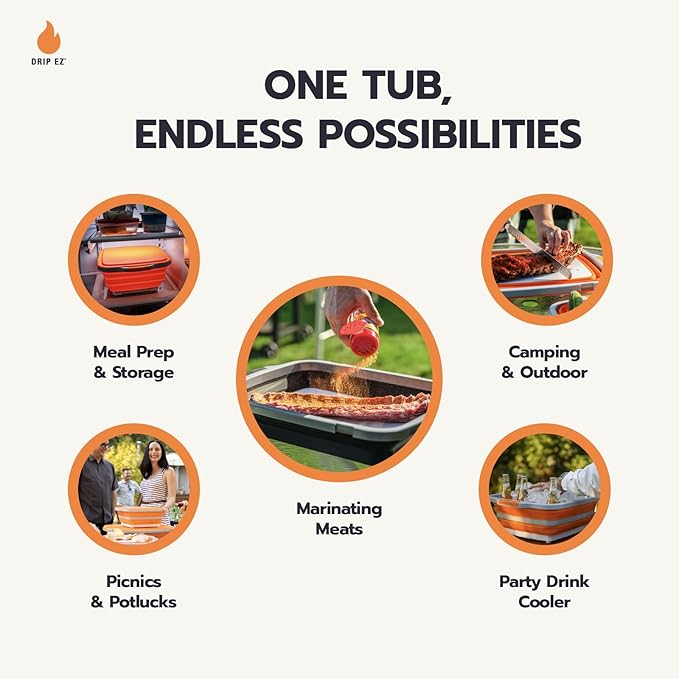 Drip EZ Collapsible BBQ Prep Tub- for Meal Prep Marinating Food Storage - Includes Cutting Board & Locking Lid - (1) OG - Orange