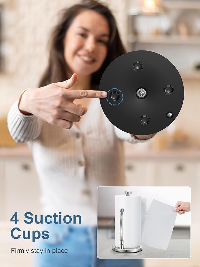 SMARTAKE Paper Towel Holder, Paper Towel Dispenser Standing Weighted Base Non Slip, Spring Arm for Easy Tear, Stainless Steel Paper Towel Holder for Home Kitchen Countertop Tabletop, Silver