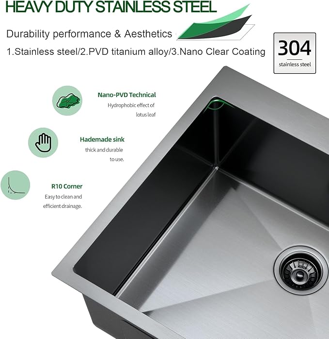 Drop In Kitchen Sink, 25 x 22 Inch Single Bowl Topmount Sink 16 Gauge T-304 Stainless Steel Gunmetal Black Kitchen Sinks