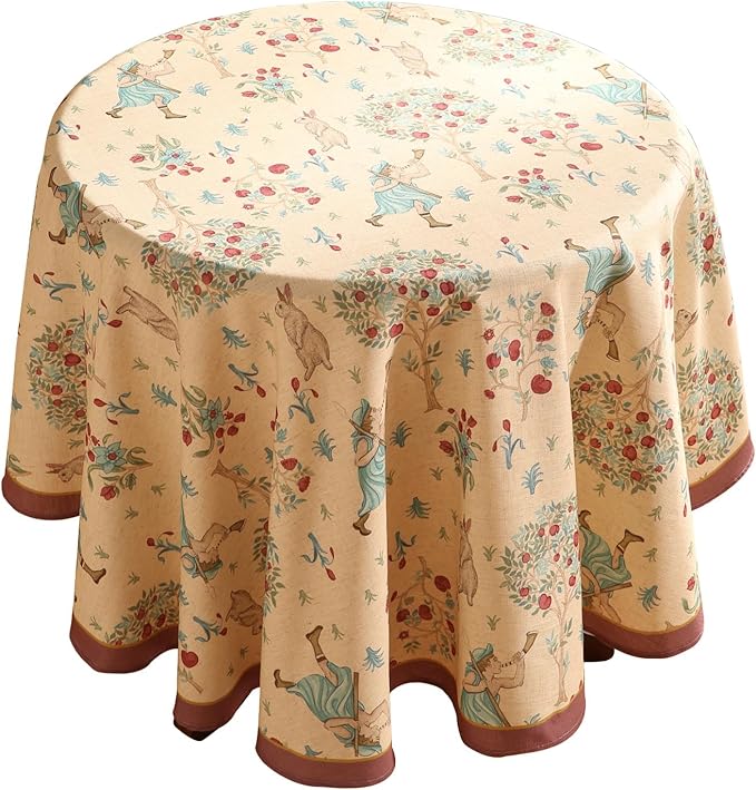 patdrea Designer Beige Tablecloth for Round Tables,Vintage Elegant French Linen with Trees and Kid Pattern Table Cloth,Farmhouse Table Cover Cloth Decor for Kitchen Dining Christmas,Diameter 55"