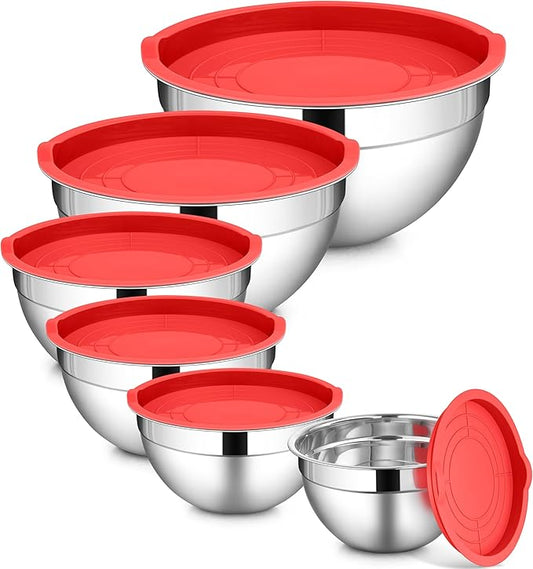 LIANYU 6 Pack Stainless Steel Mixing Bowls with Lids Sets, Large Size 7, 3.5, 2.5, 2, 1.5, 1QT, Metal Nesting Salad Bowl, Ideal for Kitchen Prepping, Cooking, Freezer Storage, Dishwasher Safe, Red