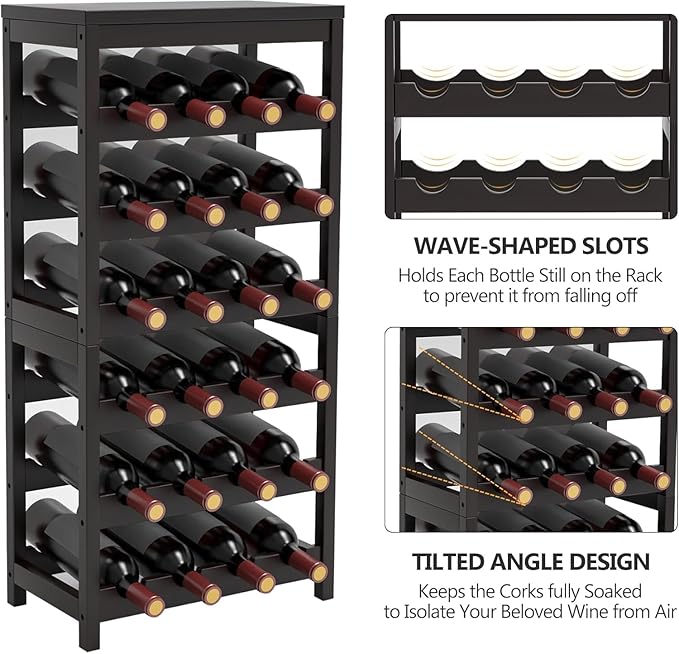 24-Bottle Wine Rack Freestanding Floor, 6-Tier Bamboo Wine Display Rack Storage Shelf with Table Top for Kitchen Dining Room Bar Cellar - Dark Brown