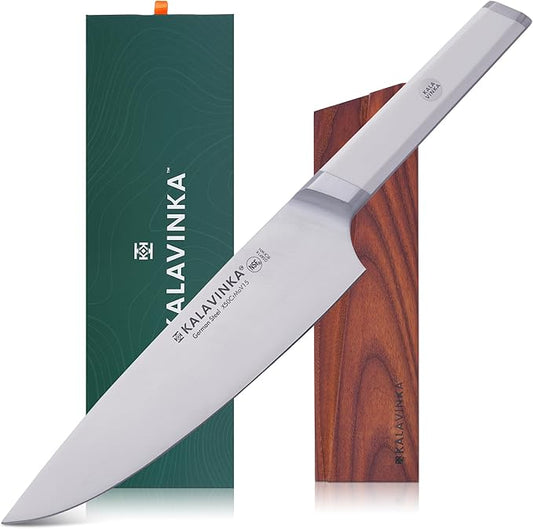 8 Inch Cooking Knife, Razor Sharp Edge Retention, German Steel Blade with Comfortable Handle, Bonus Sheath, Gift-Ready (RUPA)