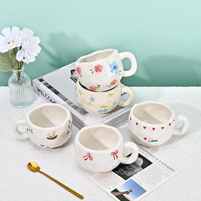 Koythin Ceramic Coffee Mug with Saucer Set, Cute Creative Bow Cup Unique Irregular Design for Office and Home, 10 oz/300 ml for Latte Tea Milk