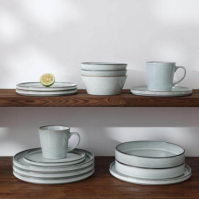 Famiware Plates and Bowls Sets, Annecy Stoneware Dinnerware Sets for 8, 24 Pieces Dish Set, Plate with Lip Edge, Reactive Glaze Tableware - Microwave & Dishwasher Safe, Grey-Blue