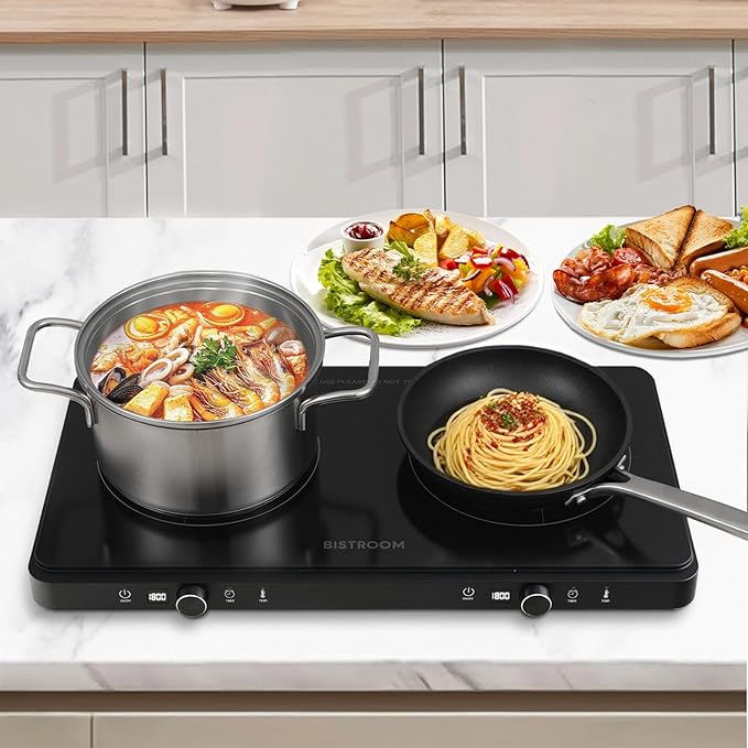 Double Burner Induction Cooktop Continuous Low Power 9 Temperature Countertop Knob Control 1800W 18 Power 2 Electric Sensor Touch Timer Stove