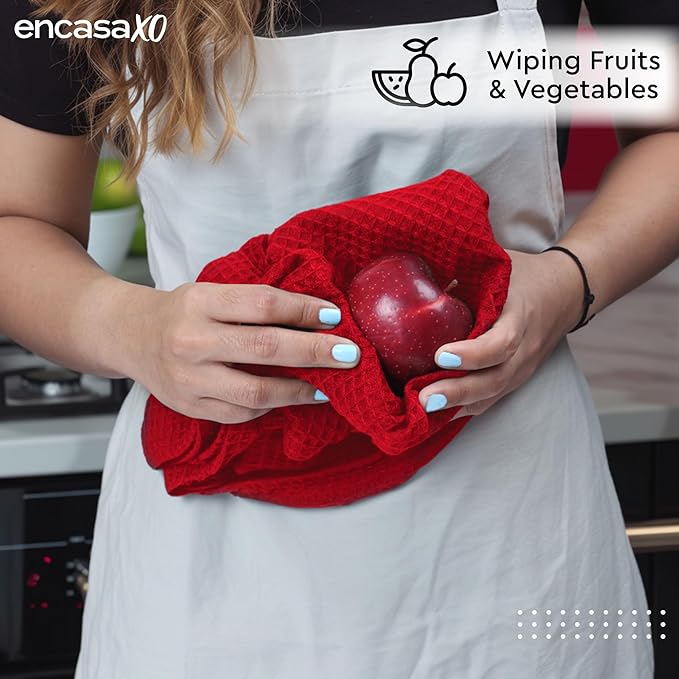 Encasa XO Kitchen Dish Towels Set | Red | Waffle Weave and Flat Hand Tea Towel | 28"x18" | Quick Drying Reusable Cotton Washcloths | Multipurpose Lightweight Dishcloths Set of 4