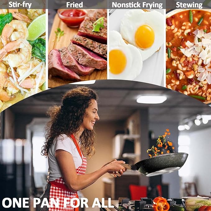 Nonstick Frying Pan Skillet with Lid, 11.5 In Non Stick Aluminum Large Woks and Stir Fry Pans for Cooking, Granite Coating Chef's Pan, Saute Pan, Cookware Pan for Gas, Electric Stove, Induction Top